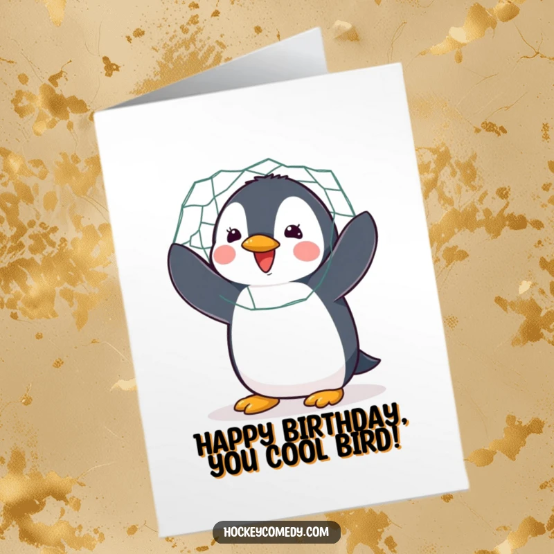 Funny Free Printable Birthday Card: Delighted penguin energetically guarding a net with enthusiastic flapping for a birthday.