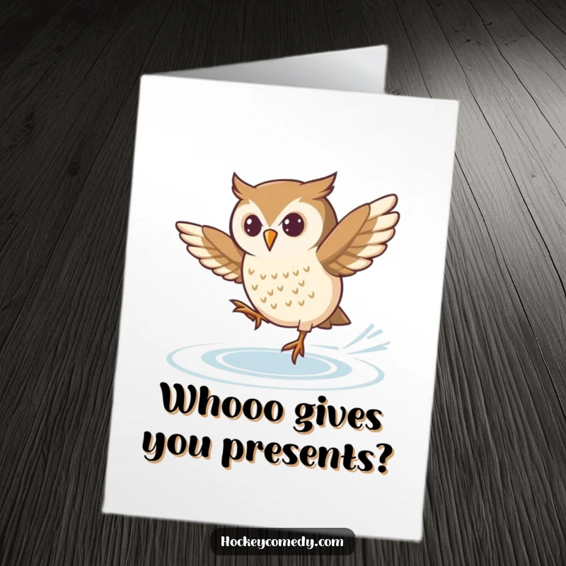 Funny Free Printable Birthday Card: A determined owl spins gracefully on ice skates, focused on landing a difficult move.