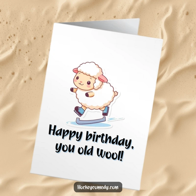 Funny Free Printable Birthday Card: A fluffy sheep glides elegantly on ice skates, looking surprisingly skilled and happy.