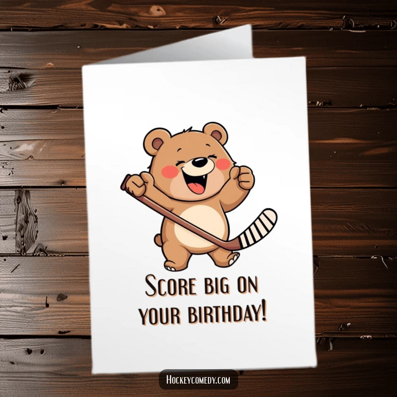 Funny free printable birthday card: A joyous bear intensely swinging a hockey stick, ready to celebrate a special day.