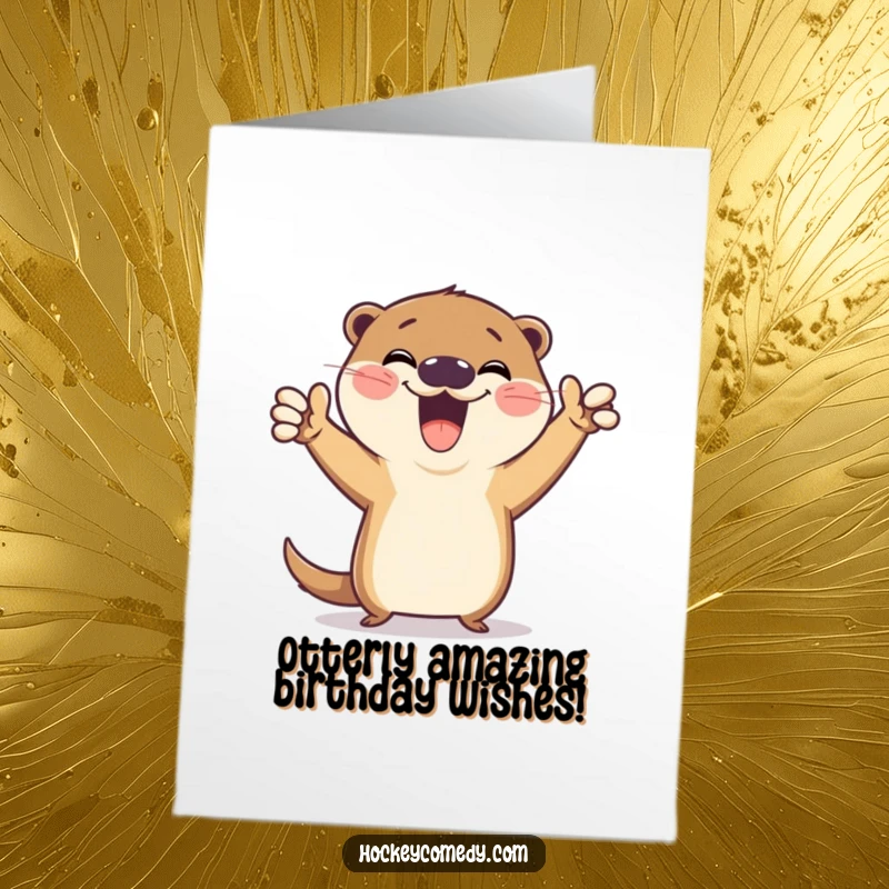 Funny Free Printable Birthday Card featuring a gleeful otter striking a hilarious victory pose after scoring a goal, pure birthday joy.