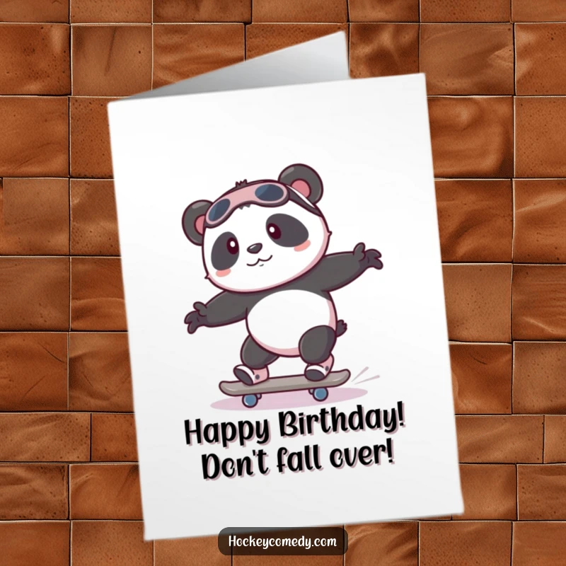 Funny Free Printable Birthday Card: A playful panda attempts to skate with wobbly legs, wishing a happy birthday.
