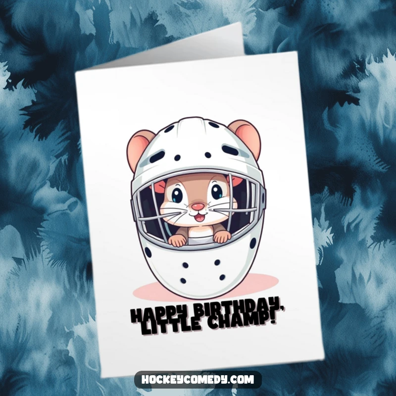 Funny Free Printable birthday card featuring a curious mouse peeking out of a goalie mask, great for a downloadable DIY gift.