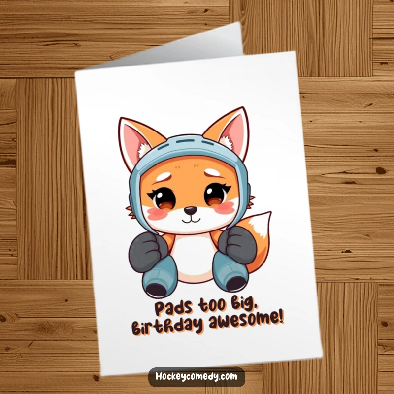 Funny free printable birthday card: A smiling fox in giant hockey pads looking totally lost, ready to deliver laughs.