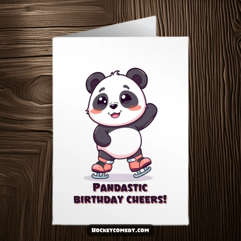 Funny Free Printable Happy Birthday Card: A cheerful panda smiles nervously while balancing precariously on giant roller skates, mid-wobble.