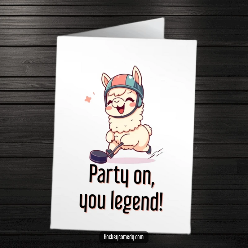 Funny Free Printable Birthday Card: A giggling llama in a helmet joyfully chases a puck, bringing birthday cheer.