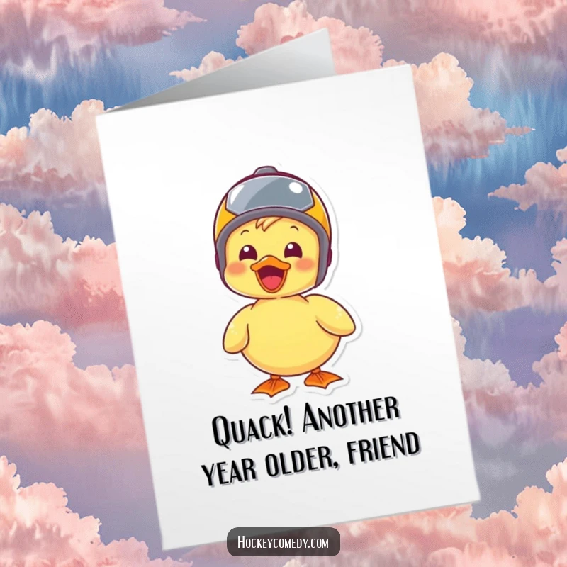 Funny Free Printable birthday card featuring a joyous duck in a tiny helmet, perfect for a cute and downloadable DIY gift.