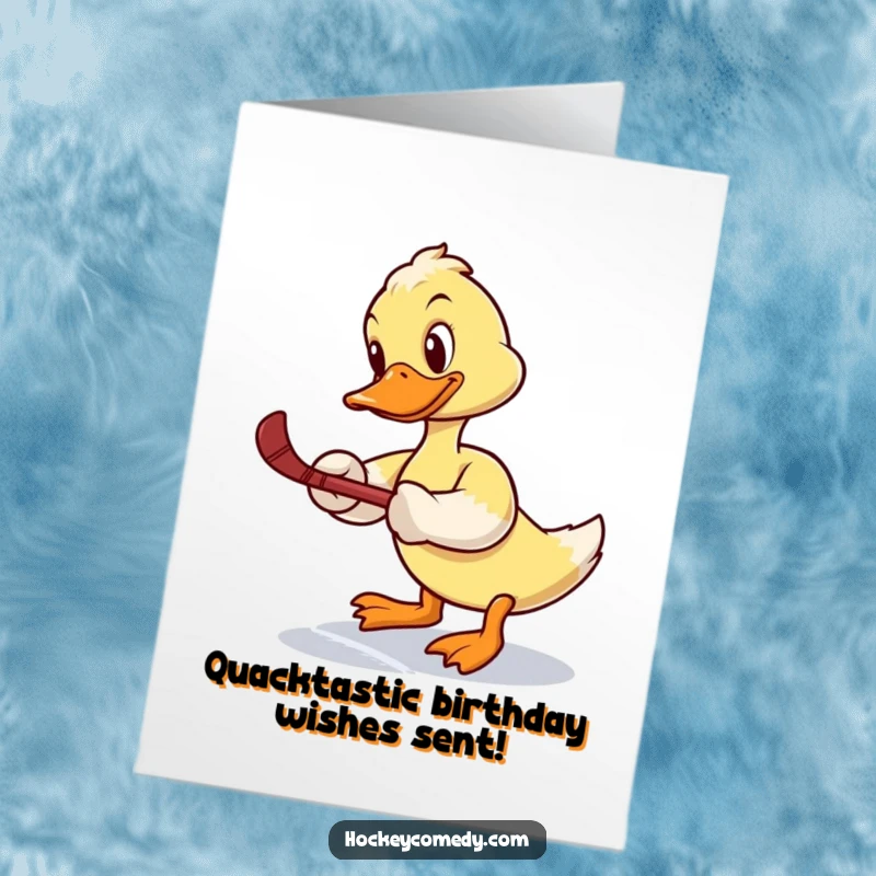 Funny Free Printable Birthday Card: Determined duck with hockey stick attempts a slap shot, looking hilariously off-balance.