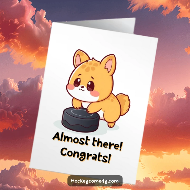 Funny Free Printable Congrats Card: Cute animal tripping over a puck, looking shocked, humorous celebration.