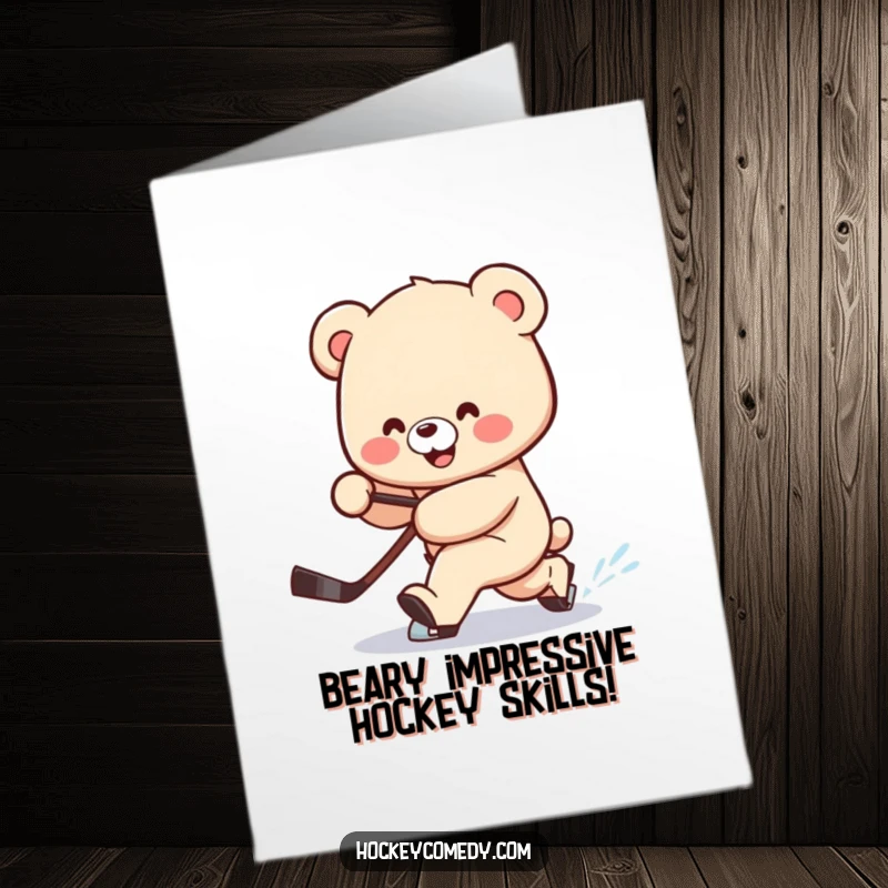 Funny Free Printable Congratulations Card: Smiling bear, stick trailing, attempting a comical hockey deke with playful effort.