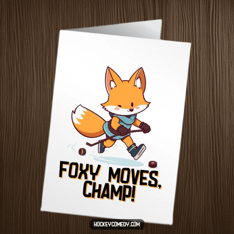 Funny Free Printable Congratulations Card: Determined fox skating skillfully with a puck, leaving a trail of excited zigzags.