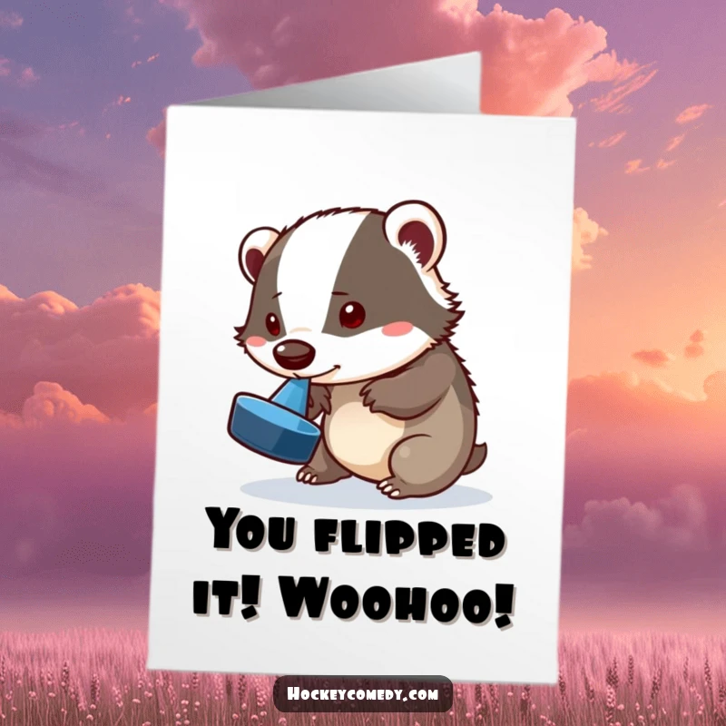 Funny Free Printable Congratulations Card showing a playful badger attempting an impressive puck flip with its nose, celebrating success.