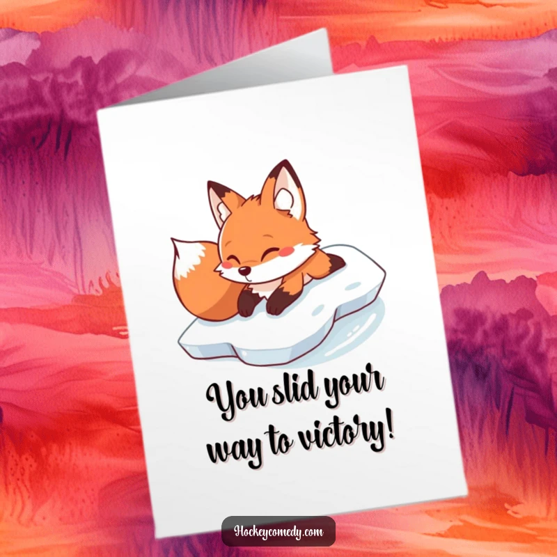 Funny Free Printable Congratulations Card: A determined fox slides belly-first across ice, symbolizing a smooth victory.