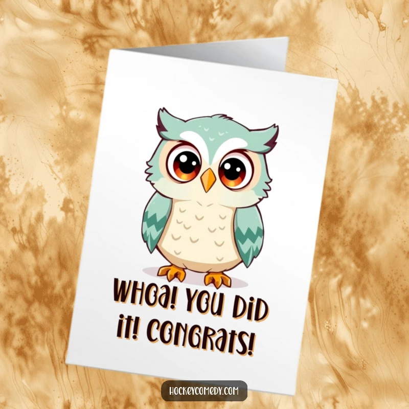 Funny Free Printable Congratulations Card showing a surprised owl with wide eyes, cleverly dodging flying hockey puck.