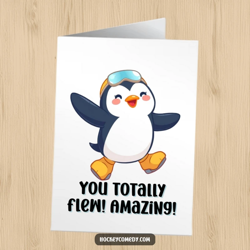 Funny Free Printable Congrats Card: Penguin in huge skates mid-air, celebrating a triumphant leap and success.
