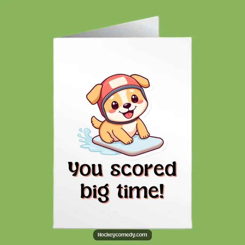 Free Printable Congratulations Card: Cheerful Hockey Dog Sliding to Victory - Funny Downloadable Gift
