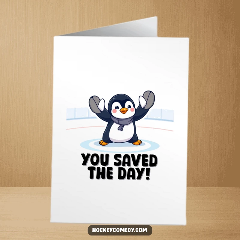 Funny Free Printable Congratulations Card: Penguin goalie in a spectacular, over-the-top save, cheering for success.
