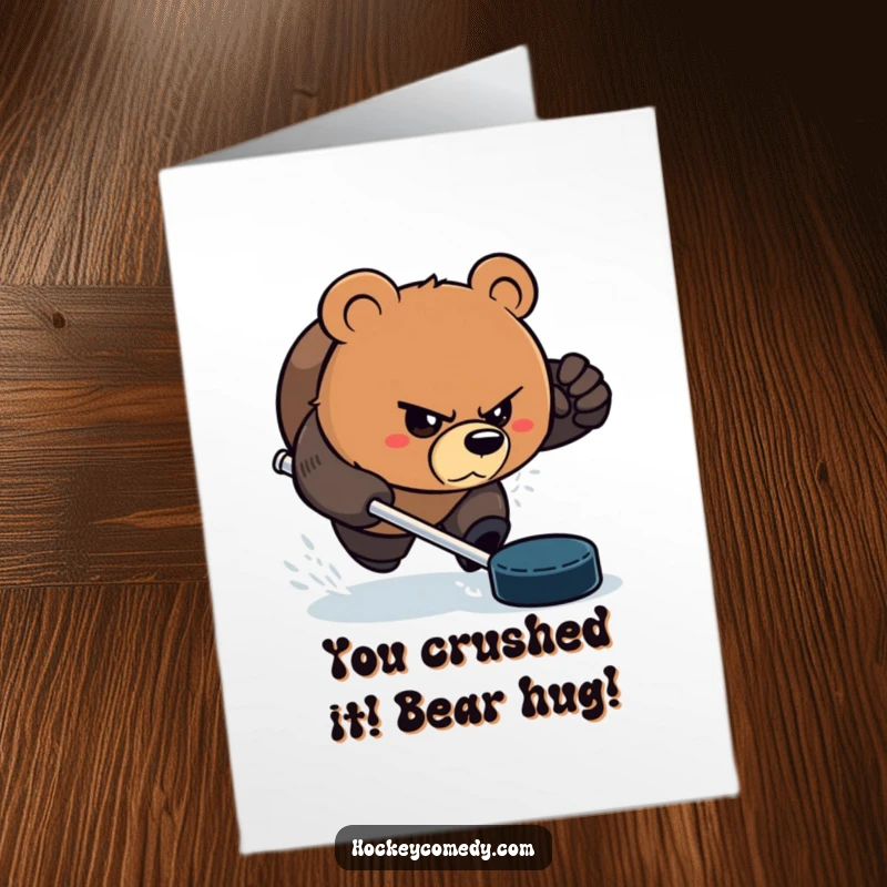 Funny Free Printable Congratulations Card: Bear aggressively chasing a puck with a determined, funny glare, celebrating a win.