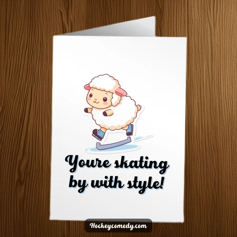 Funny Free Printable Congratulations Card: A fluffy sheep performs a graceful spin on ice skates, celebrating a win.