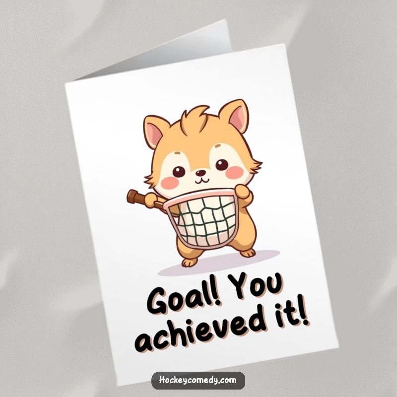 Funny Free Printable Congratulations Card: A determined animal bravely guards a small net like a champion goalie.