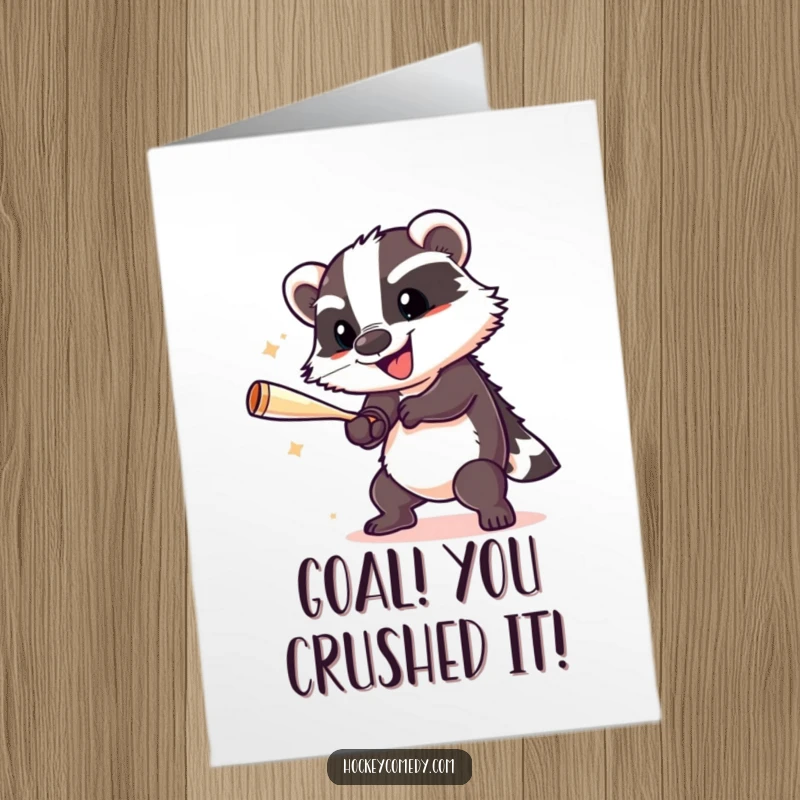 Funny Free Printable congratulations card featuring a cheerful badger performing a slap shot, ideal for a downloadable DIY gift of success.