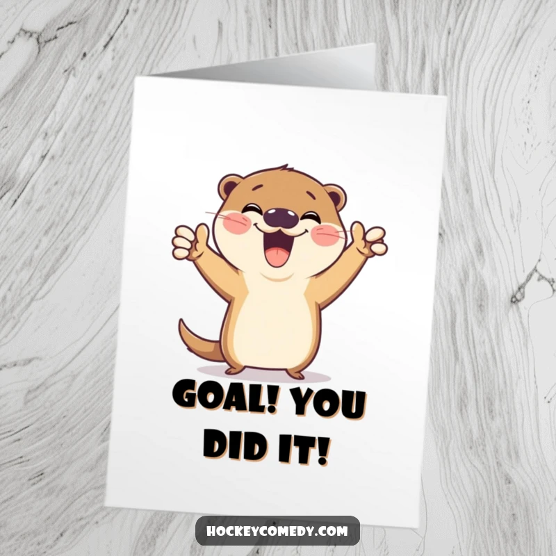 Funny Free Printable Congratulations Card with an otter striking a jubilant victory pose, celebrating a well-deserved win with gusto.