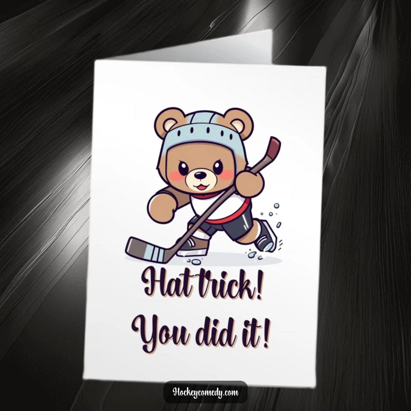 Funny Free Printable Congratulations Card: Determined bear character attempting a complex hockey move with focus.