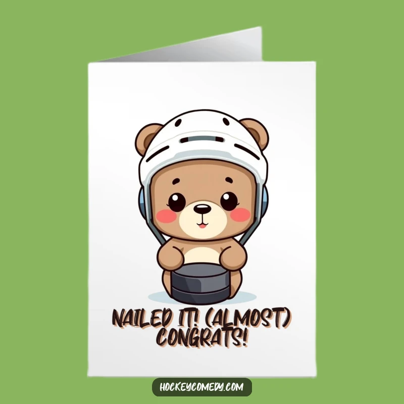 Free Printable Congrats Card: Bear Misses Puck - Funny Hockey Win Celebration Downloadable Gift