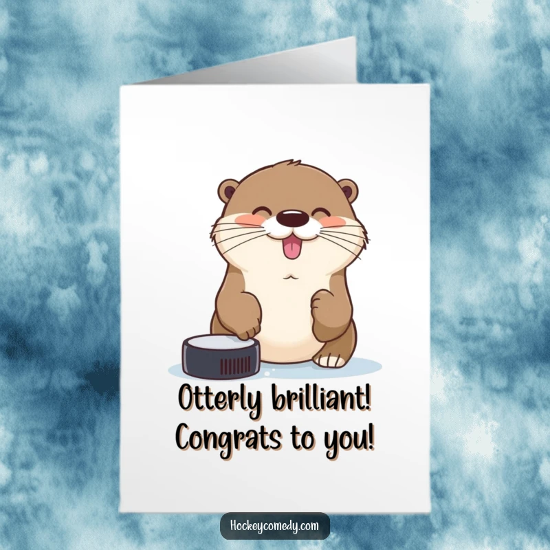Funny Free Printable Congratulations Card: A cheerful otter successfully catches a hockey puck with its nose, celebrating a witty win.