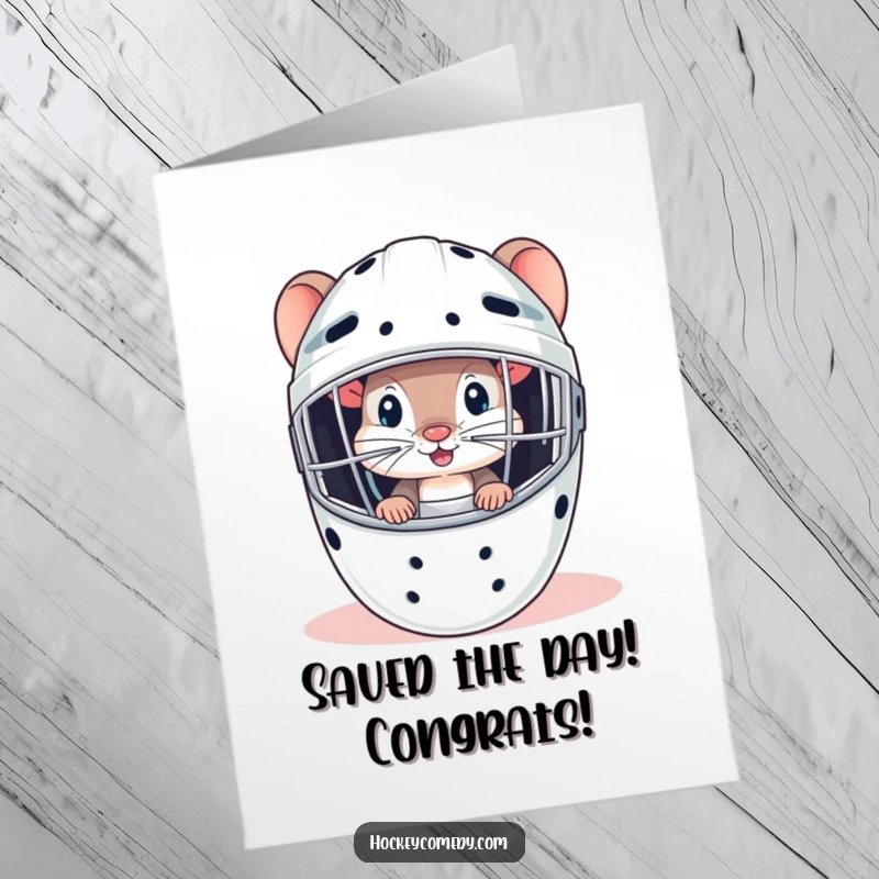 Funny Free Printable congratulations card with a curious mouse peering from a goalie mask, ideal for a downloadable DIY gift.