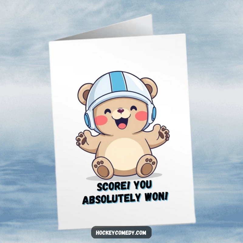 Funny free printable congratulations card: A bear wearing a small helmet joyfully raises paws in celebration after scoring a goal.