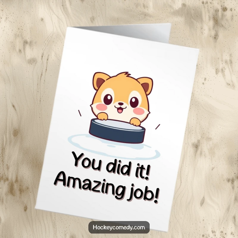 Funny Free Printable Congratulations Card: A startled animal faces a fast hockey puck, a humorous way to say congrats.