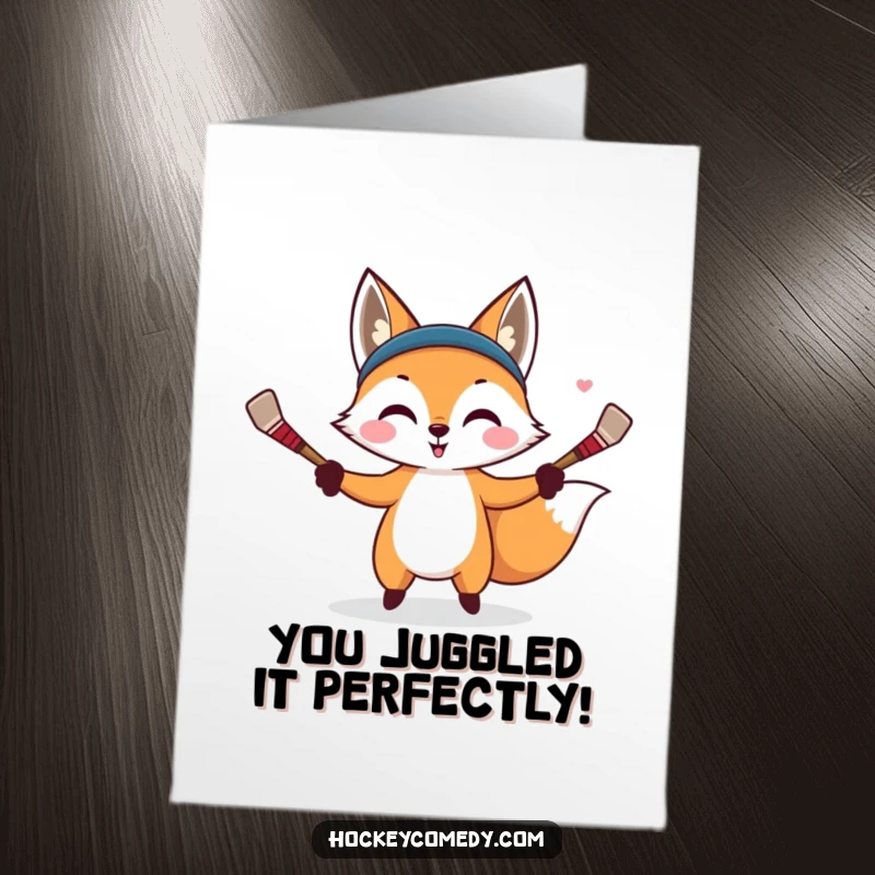 Funny Free Printable Congrats Card: Fox with a cunning look, juggling hockey sticks with amazing dexterity.