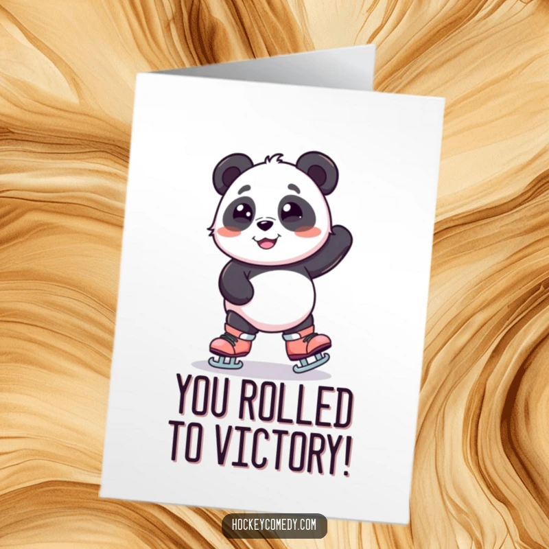 Funny Free Printable Congratulations Card: A smiling panda wobbles on large skates, celebrating a hard-won achievement with a slightly off-balance grace.