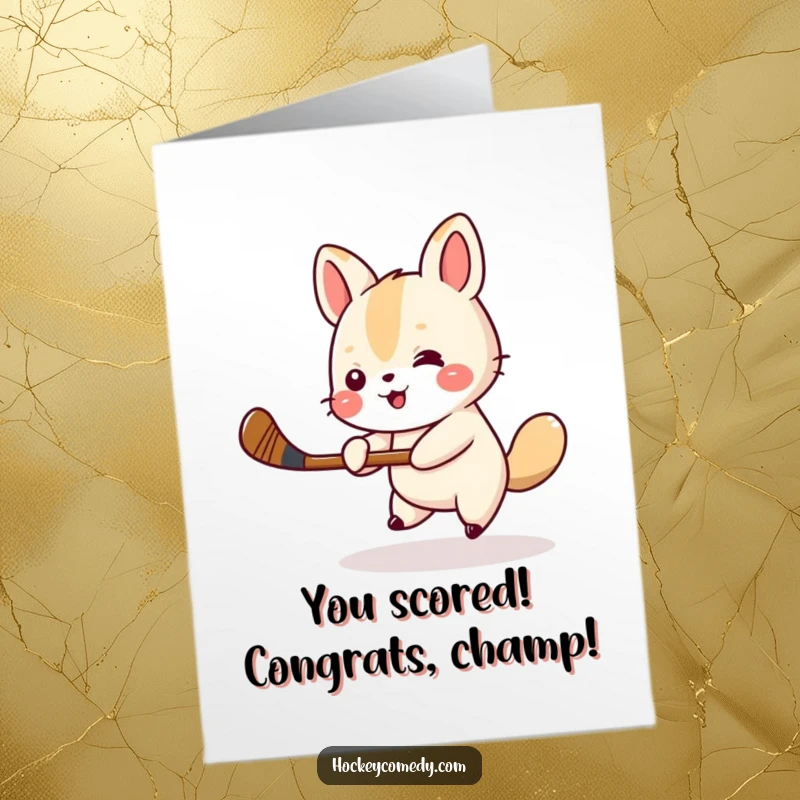 Funny Free Printable Congratulations card with a small animal cheerfully swinging a hockey stick in victory.