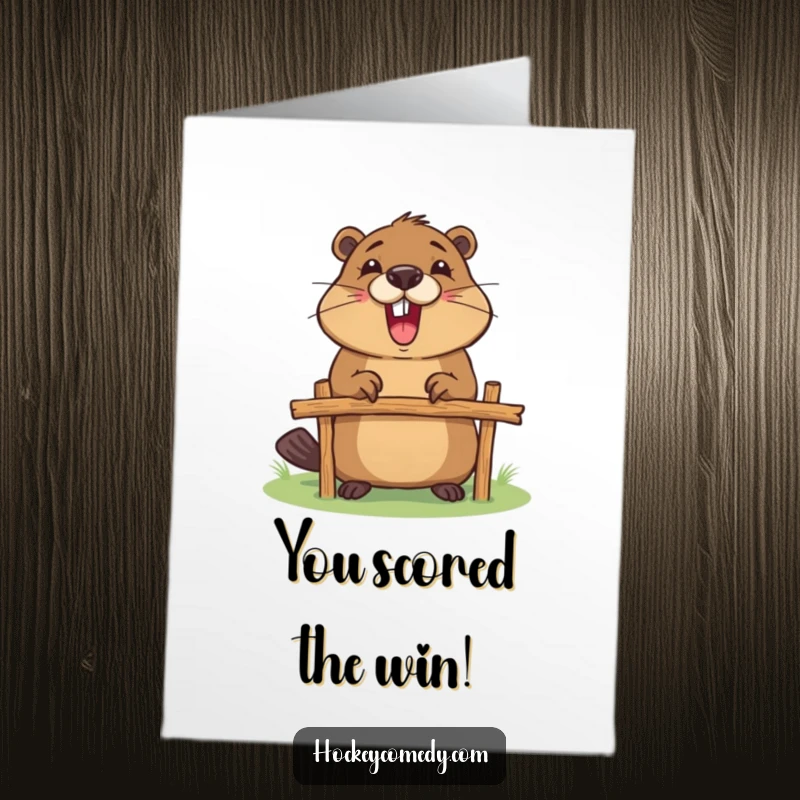 Funny Free Printable Congratulations Card: An excited beaver diligently constructs a small goalpost with sticks, celebrating achievement.