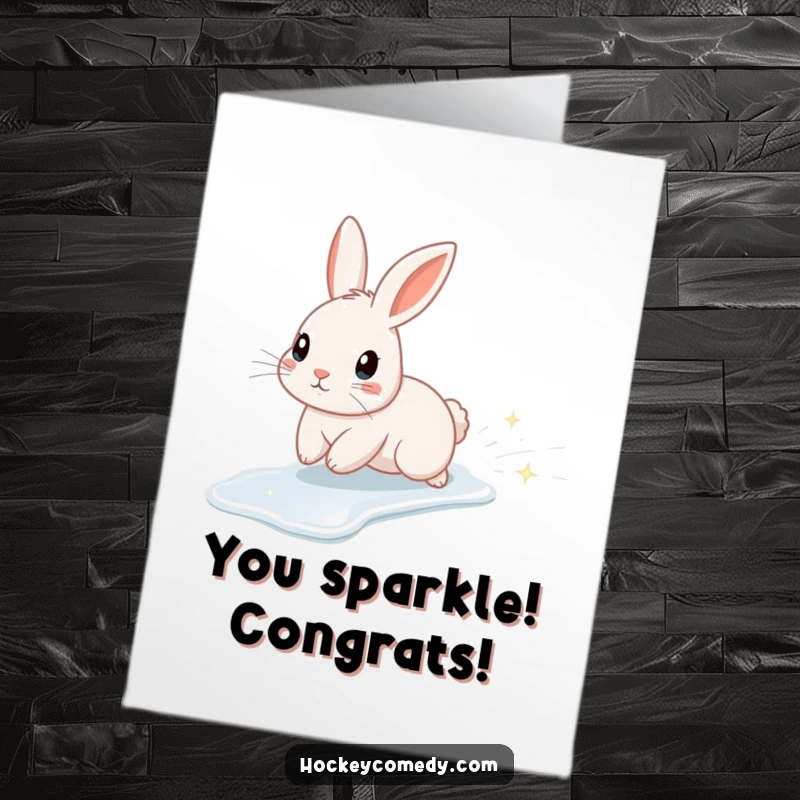 Funny Free Printable Congrats Card: Adorable rabbit gliding across ice, leaving a vibrant trail of glitter.