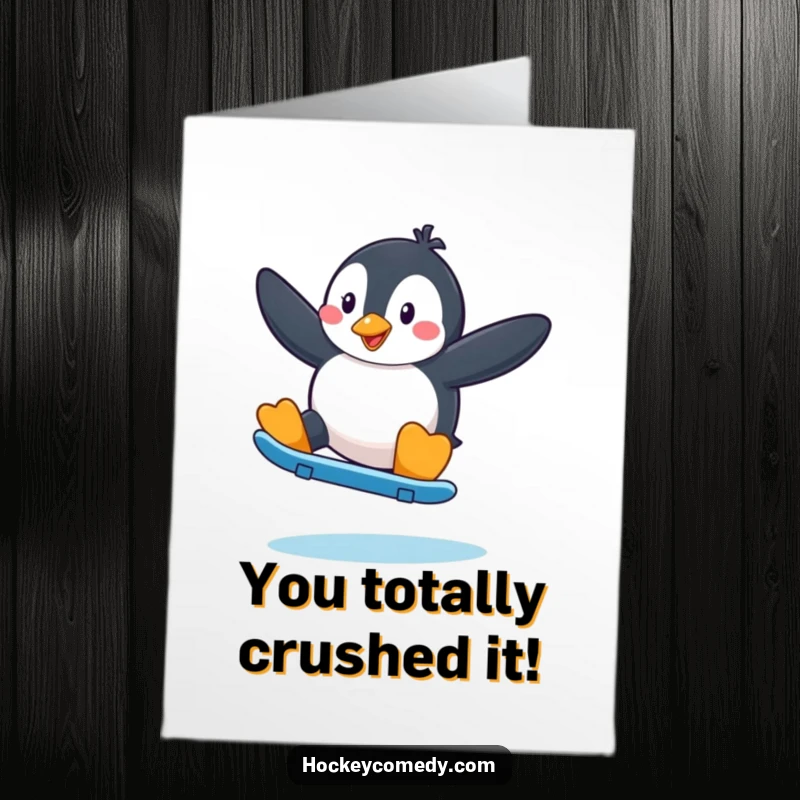 Funny Free Printable Congratulations Card: Playful penguin executing a fancy skate move with arms outstretched, celebrating success. A dynamic downloadable.
