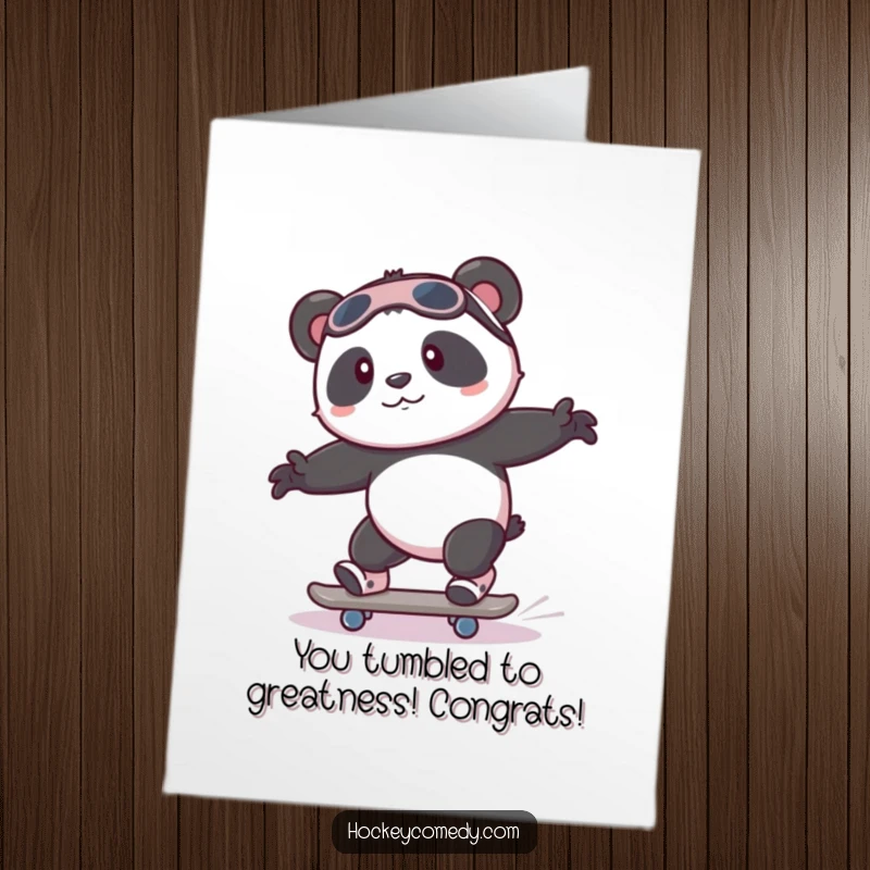 Funny Free Printable Congratulations Card: A playful panda with wobbly legs attempts to skate, celebrating a challenging accomplishment.