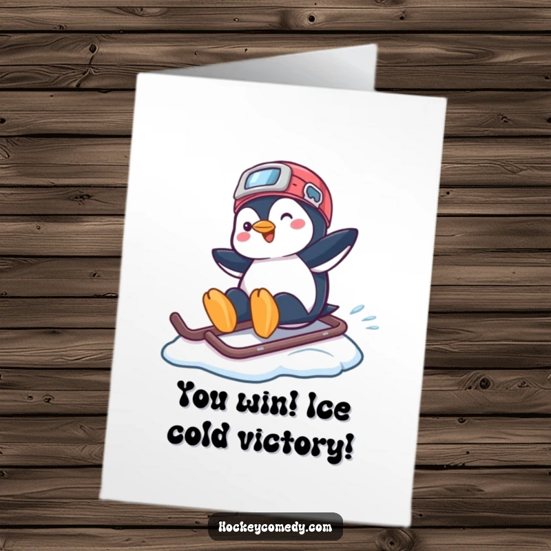 Funny free printable congratulations card: A playful penguin slides on a hockey helmet across ice, celebrating a slick achievement.