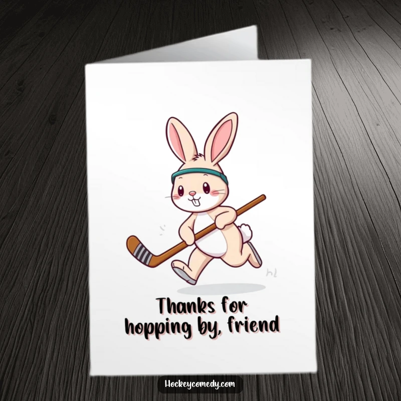 Funny Free Printable rabbit hopping with a hockey stick, offering a unique and cute thank you.