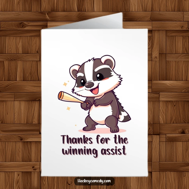 Funny Free Printable thank you card of a cheerful badger performing a slap shot, perfect for a downloadable DIY gift of appreciation.