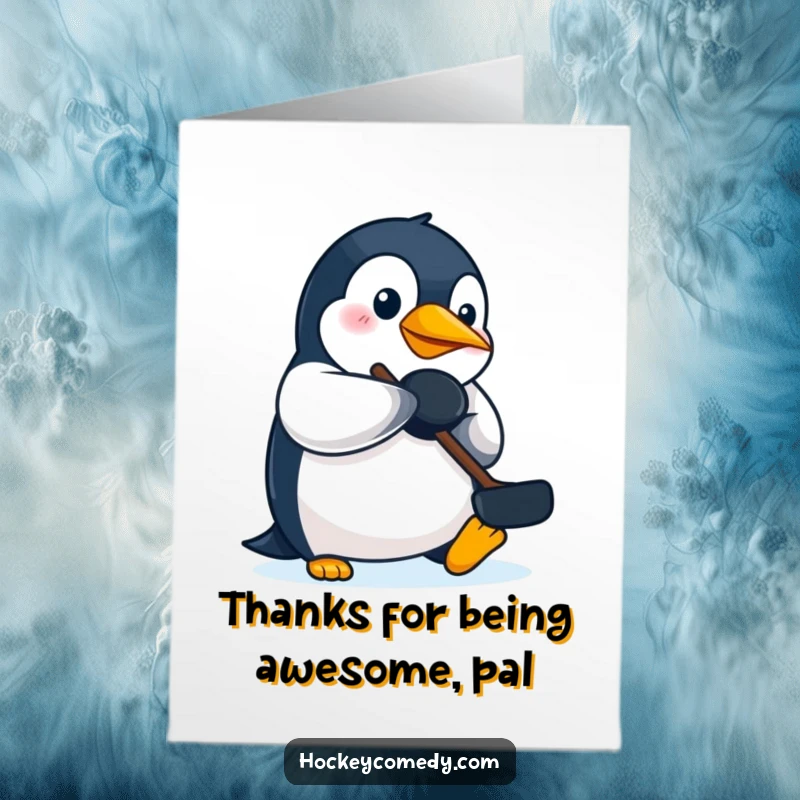 Funny Free Printable penguin batting a hockey puck with its beak, offering a unique way to say thank you.