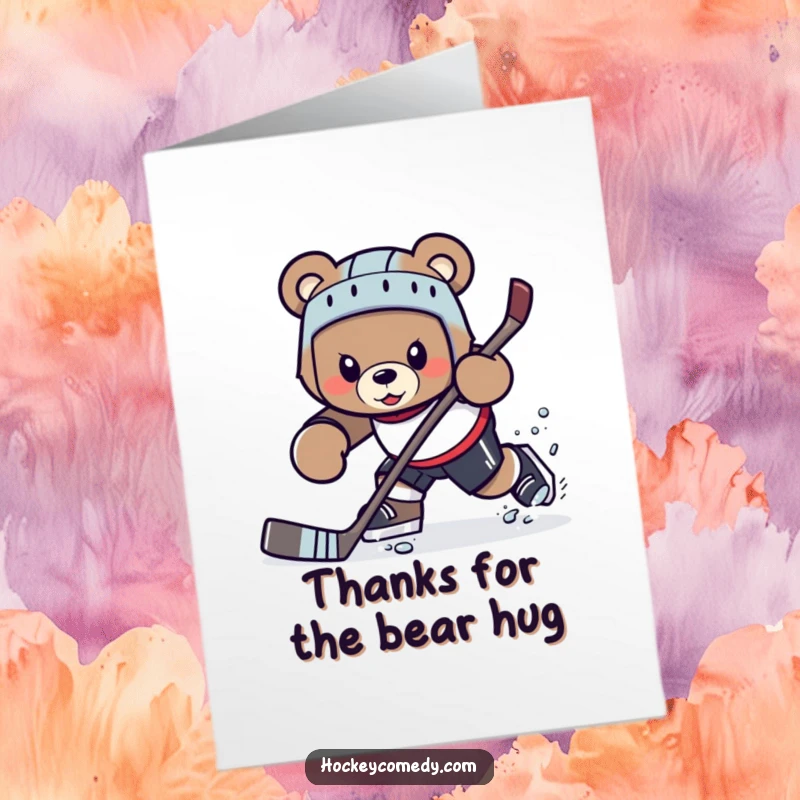 Funny Free Printable Thank You Card: Determined bear character showcasing a difficult hockey maneuver.