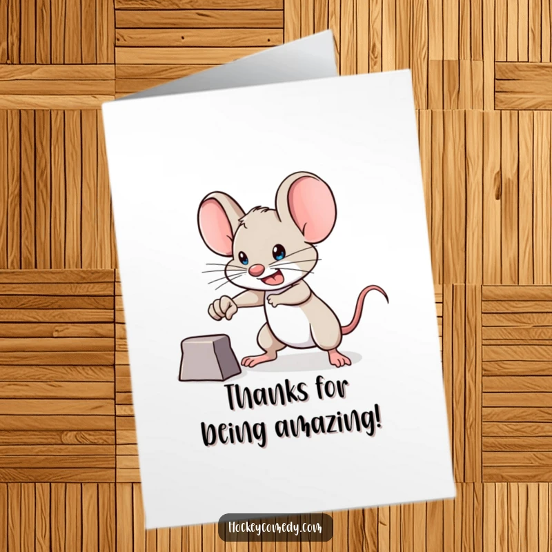 Funny Free Printable Thank You Card featuring a brave mouse aiming for a goal, symbolizing gratitude and making a big impact.