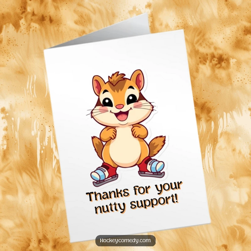 Funny Free Printable Thank You Card of a cheerful chipmunk wobbling comically on oversized skates, expressing thanks.