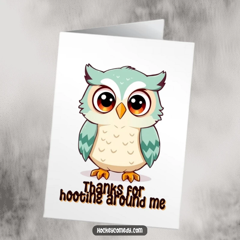 Funny Free Printable Thank You Card with a wide-eyed owl about to be hit by a hockey puck, offering thanks.