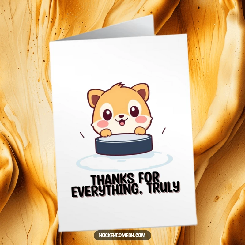 Funny Free Printable Thank You Card: An animal looks shocked as a puck speeds towards it, a quirky thank you.