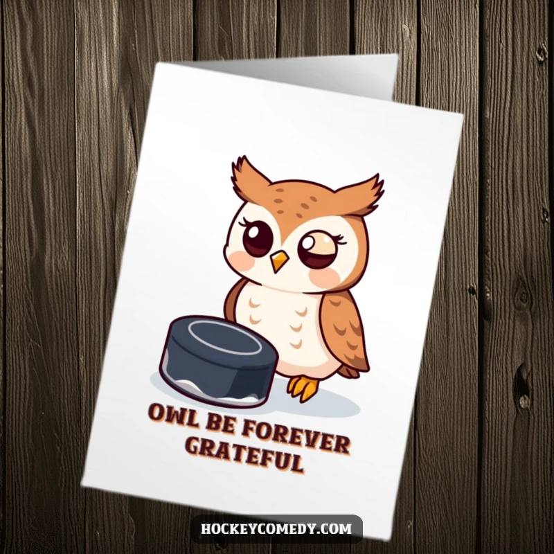 Funny Free Printable Thank You Card depicting a playful owl attempting to intercept a hockey puck with its beak, offering thanks.