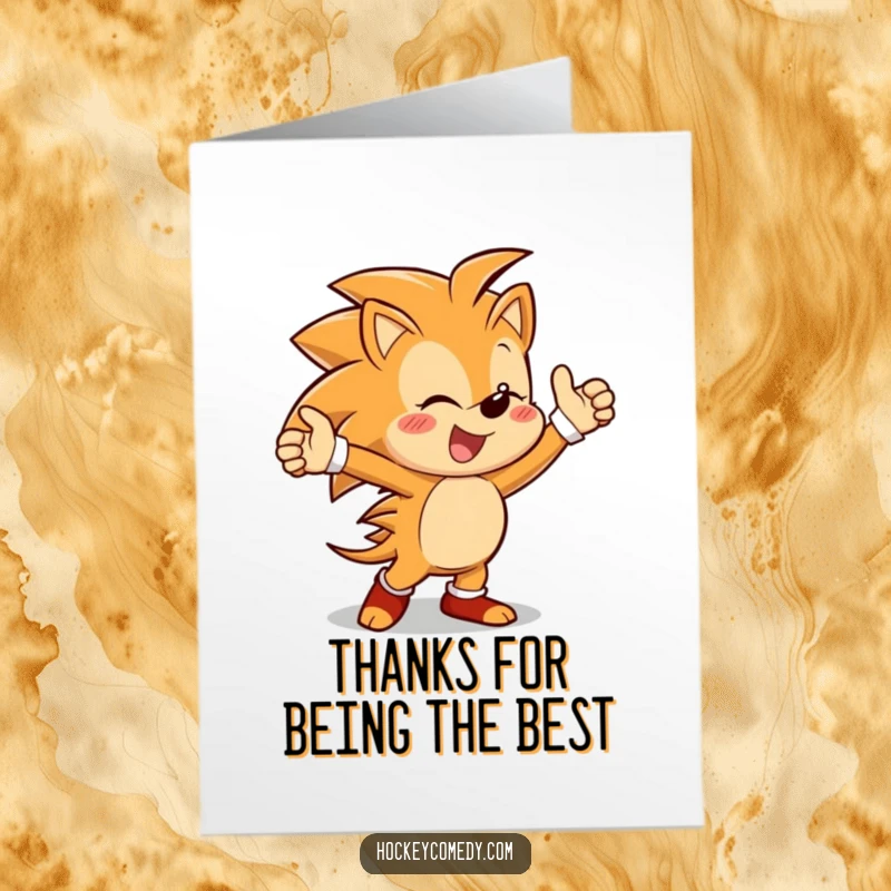 Funny Free Printable Thank You Card: Giddy hedgehog performing an ecstatic victory dance, expressing heartfelt thanks.